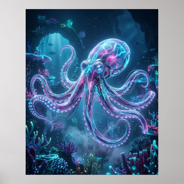 Póster Neon Octopus Data Reef (Frente)