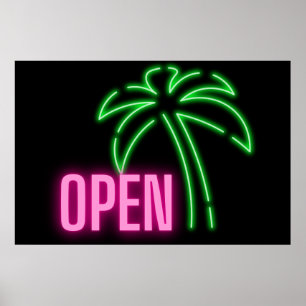 Póster Neon Palm Tree Green & Pink Open Rótulo Poster