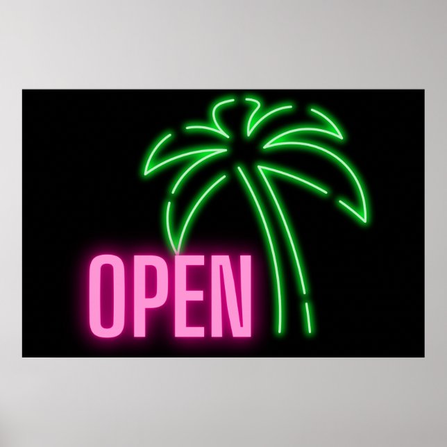 Póster Neon Palm Tree Green & Pink Open Rótulo Poster (Frente)