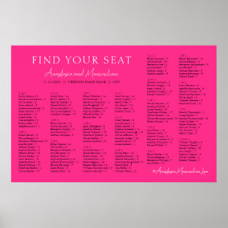 Póster Neon Pink Basic Wedding Alphabetical Seating Chart