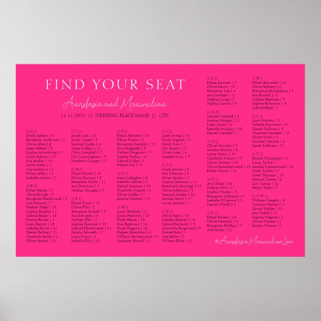 Póster Neon Pink Basic Wedding Alphabetical Seating Chart (Frente)