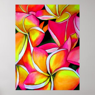 Póster Neon Pink Frangipani Plumeria acuarela