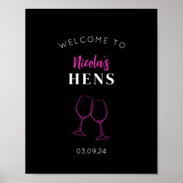 Póster Neon Pink Hens Fiesta Signo de bienvenida al vino 