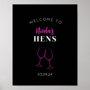 Póster Neon Pink Hens Fiesta Signo de bienvenida al vino