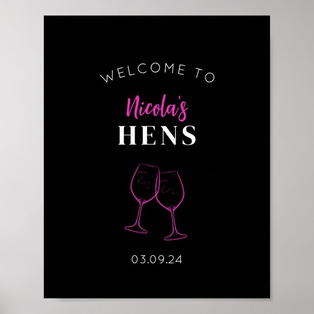 Póster Neon Pink Hens Fiesta Signo de bienvenida al vino  (Frente)