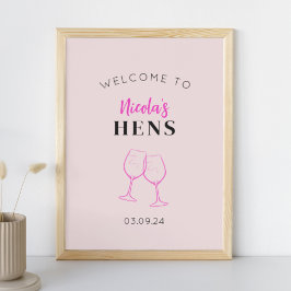 Póster Neon Pink Hens Fiesta Signo de bienvenida al vino 