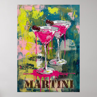 Póster Neon Pink Martini Pop Art: Modernes Cocktail Gemäl