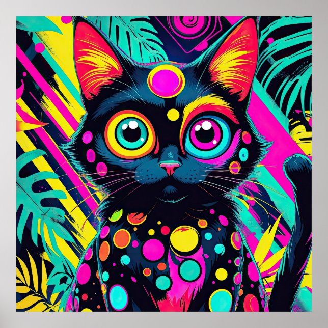 Póster ✨ Neon Psychedelic Cat – Pop Art Design 🎨🐱 (Frente)