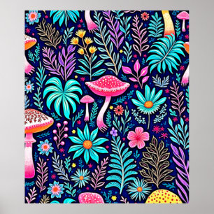 Póster Neon Psychedelic Mushroom Forest Dream