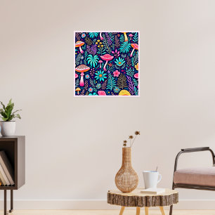Póster Neon Psychedelic Mushroom Forest Dream