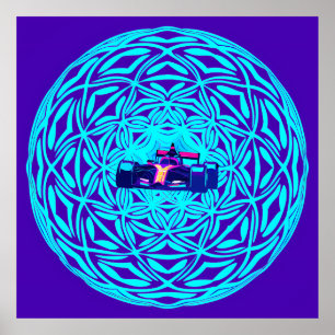 Póster Neon Race Car in Geometric Sphere