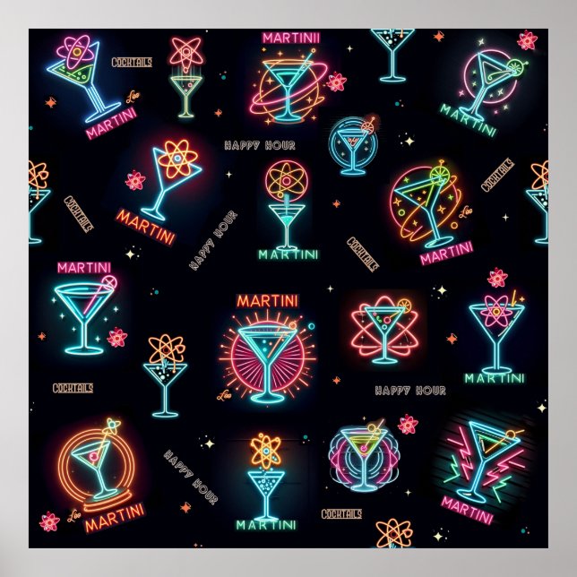 Póster Neon Rótulo Space Age Atomic Martini Cocktails Pri (Frente)