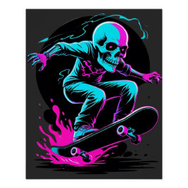 Póster Neon Skull Skateboard Art - Diseño Edgy Skater