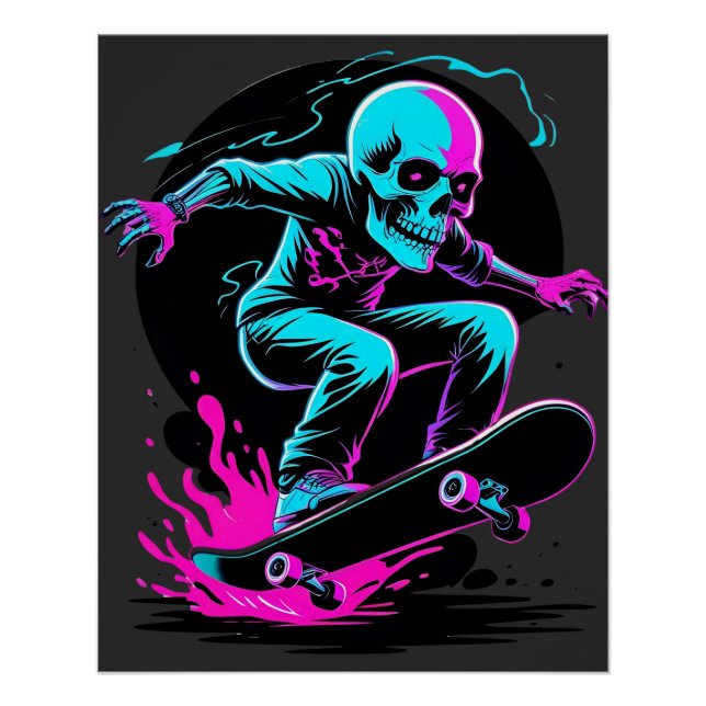Póster Neon Skull Skateboard Art - Diseño Edgy Skater (Anverso)