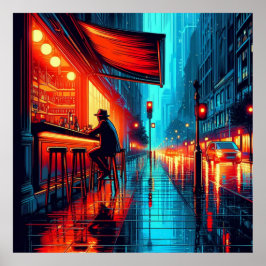 Póster Neon Solitude: Noche lluviosa en el café de la ciu