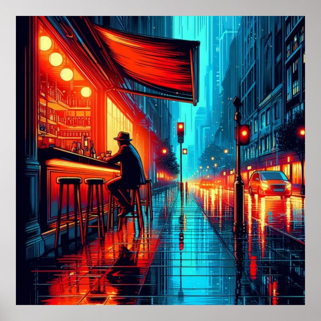 Póster Neon Solitude: Noche lluviosa en el café de la ciu (Frente)