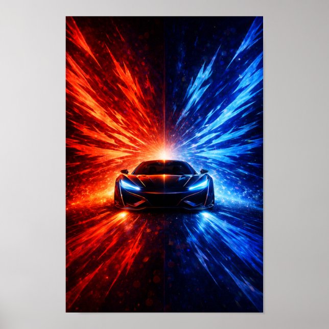 Póster Neon Split Speed Supercar – Red & Blue Energy Burs (Frente)