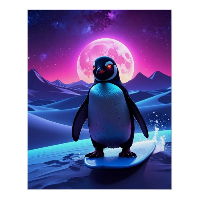Póster Neon Surf Penguin (Anverso)