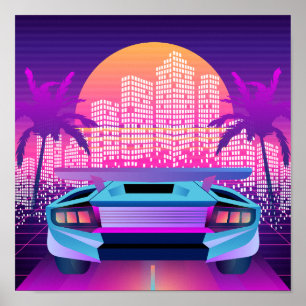 Póster Neon Vaporwave City Sunset and Car Retro 80