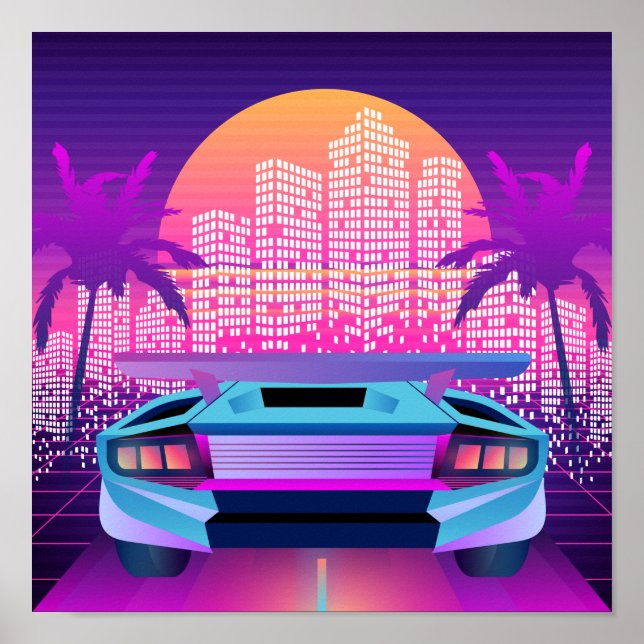 Póster Neon Vaporwave City Sunset and Car Retro 80 (Frente)