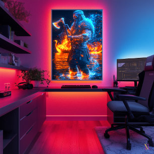 Póster Neon Viking Berserker - Ciber Norse Warrier