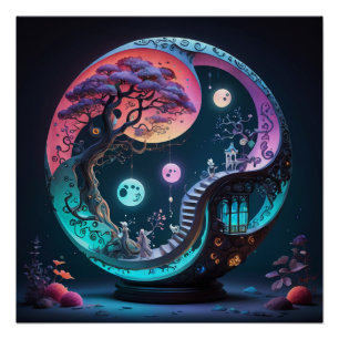 Póster Neon Yin Yang Surreal Fantasy 1