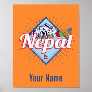 Póster Nepal: Montañas retro marca vacaciones vintage