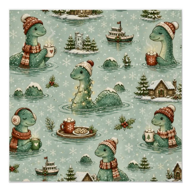 Póster Nessie de Navidad Monstruo del Lago Ness Acogedore (Anverso)