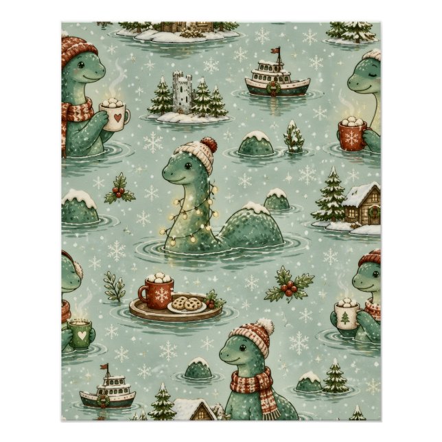 Póster Nessie de Navidad Monstruo del Lago Ness Acogedore (Anverso)