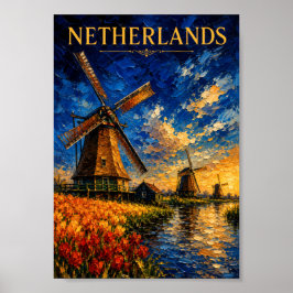 Póster Netherlands: Golden Sunset Windmill Art Souvenir