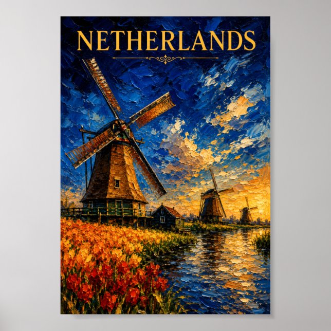 Póster Netherlands: Golden Sunset Windmill Art Souvenir (Frente)