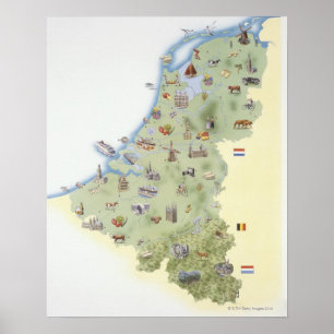 Póster Netherlands, map showing distinguishing features