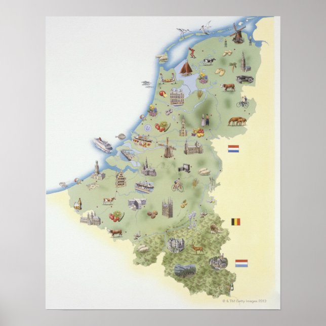 Póster Netherlands, map showing distinguishing features (Frente)