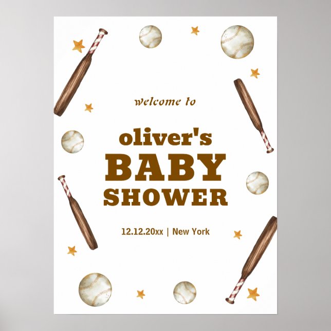 Póster Neutral Batter Up Baseball Baby Shower Welcome  (Frente)