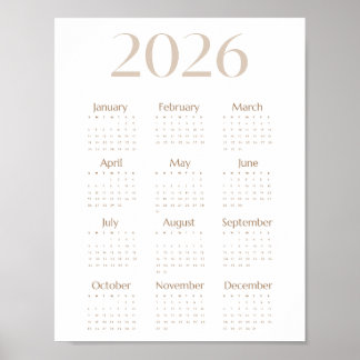 Póster Neutral Beige 2026 Calendar Minimalist One-Page