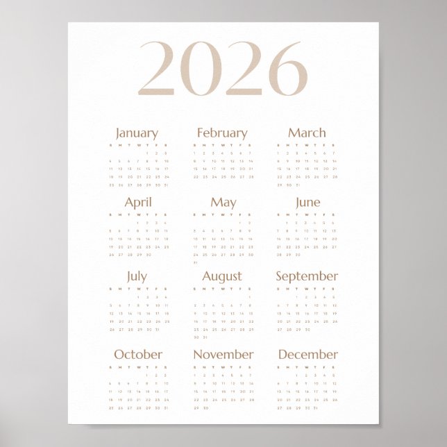 Póster Neutral Beige 2026 Calendar Minimalist One-Page (Frente)