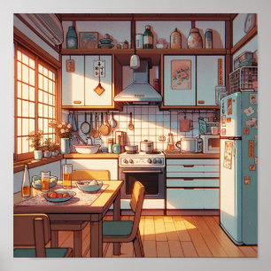 Póster Nevera y mesa de cocina animada de los años 90
