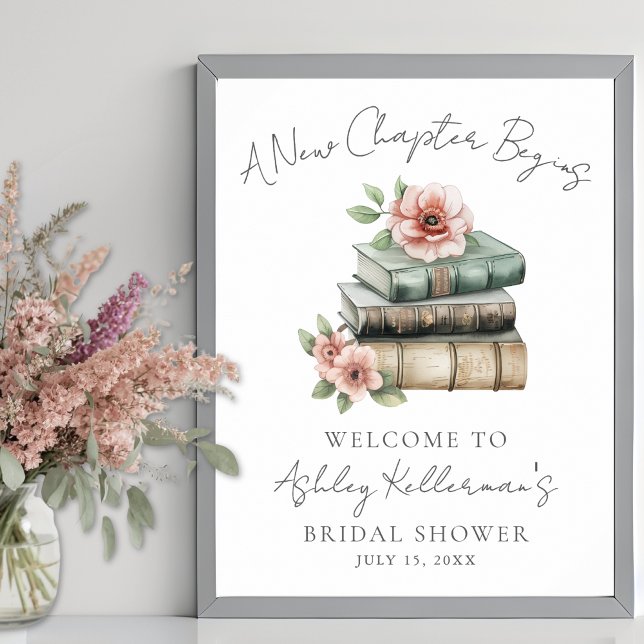 Póster New Chapter Floral Book Bridal Shower Welcome Sign (New Chapter Floral Book Bridal Shower Welcome Sign)