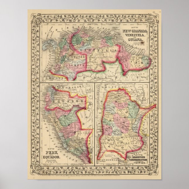 Póster New Granada, Venezuela, Guiana Map by Mitchell (Frente)