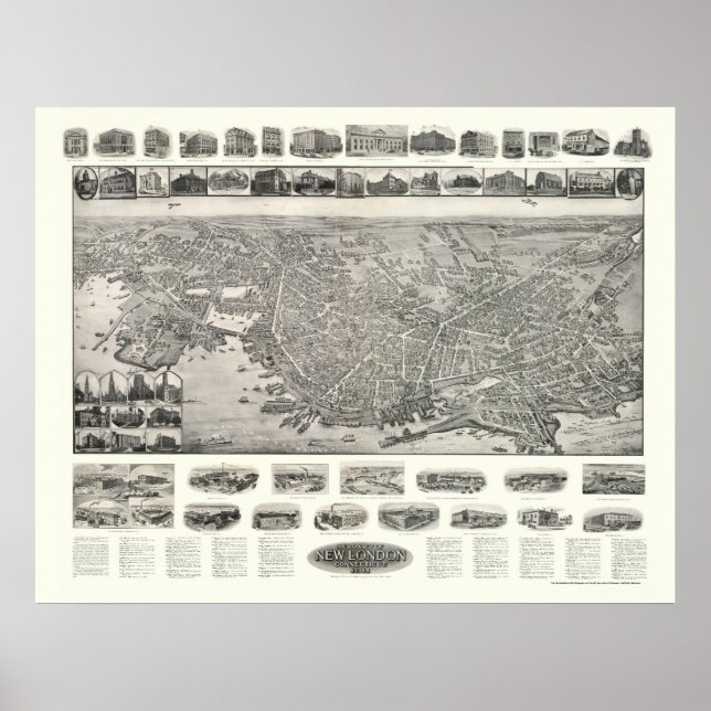 Póster New London, CT Panoramic Map - 1911 (Frente)