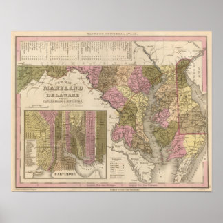 Póster New Map Of Maryland and Delaware