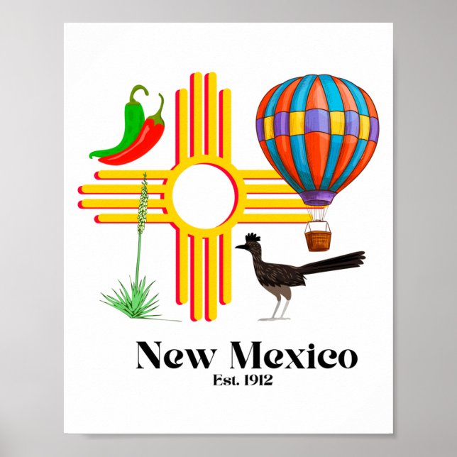 Póster New Mexico Zia_ Chiles, Balloon, Roadrunner, Yucca (Frente)