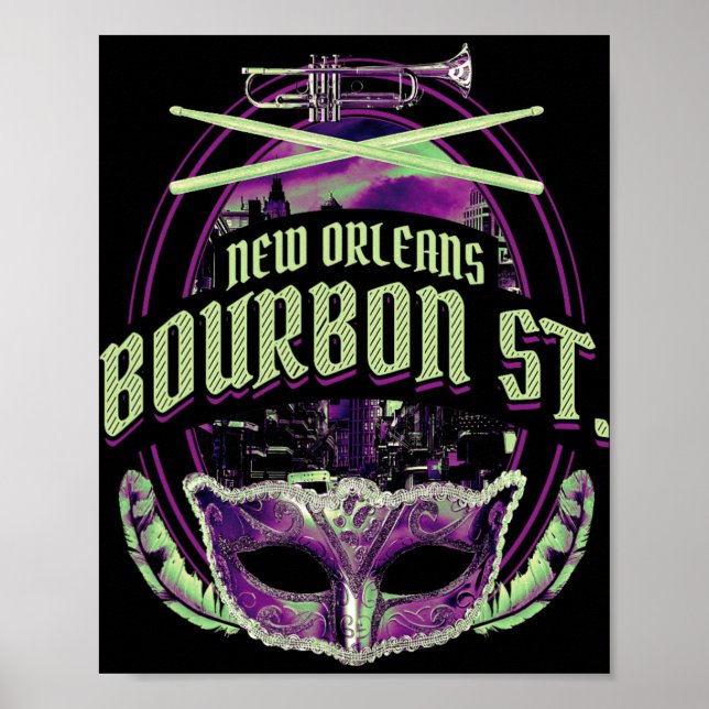 Póster New Orleans Bourbon Street Mardi Gras French Quart (Frente)