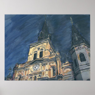 Póster New Orleans Cathdedral en la noche