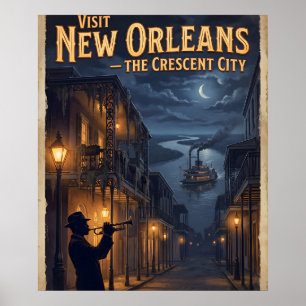 Póster New Orleans Crescent City Vintage Noir Viajes