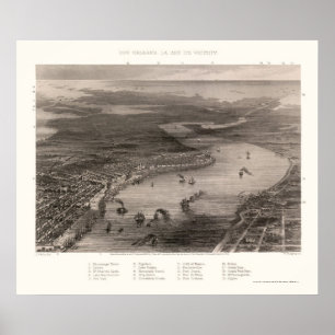 Póster New Orleans, mapa panorámico del LA - 1863