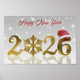 Póster New Year Golden 2026 with Snowflake and Santa Hat