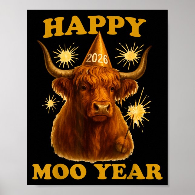 Póster New Years Highland Cow Scottish Nye Party Farm Ani (Frente)