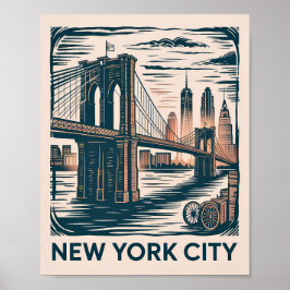 Póster New York City Brooklyn Bridge Bold Retro Skyline