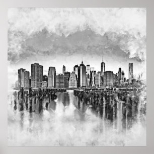 Póster New York City Manhattan Skyline- black and white